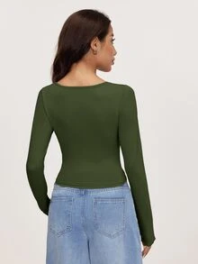 SHEIN BASICS 3件組純色針織長袖修身挖領短版女款T恤上衣，黑色、灰色、白色，秋季基礎款，適合日間辦公與日常休閒 - 彩色 - 查看 8