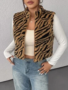 SHEIN EZwear 大尺碼奶牛印花短版夾克，秋冬牛仔女裝背心 奶牛印花背心 西部風背心 人造毛背心 - 棕色 - 查看 1