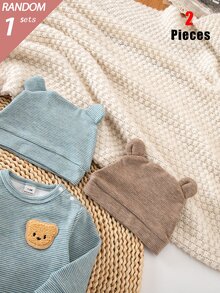 SHEIN 盲盒 3 件套 秋冬針織圓領細條紋雙面復古奈米條紋面料舒適柔軟帽子 + 長袖連身衣 + 腳套長褲 2 件套組合熱銷款熊刺繡設計睡衣家居服 - 紅色 - 查看 9