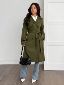 SHEIN PETITE 女款卡其色休閒開襟裝飾學院風風衣 - 軍綠色 - 查看 4