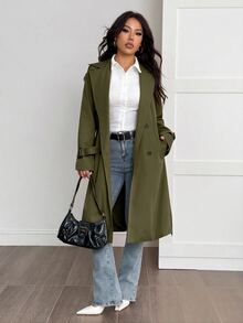 SHEIN PETITE 女款卡其色休閒開襟裝飾學院風風衣 - 軍綠色 - 查看 3