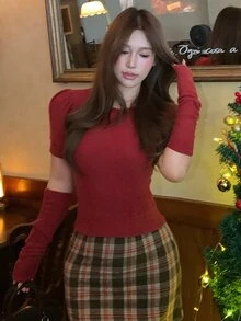 DAZY Autumn/Winter Red Crew Neck Fitted Short Sleeve Knit Sweater And Arm Warmers 2 Pieces Set, Casual Christmas Women's - Red - View 14