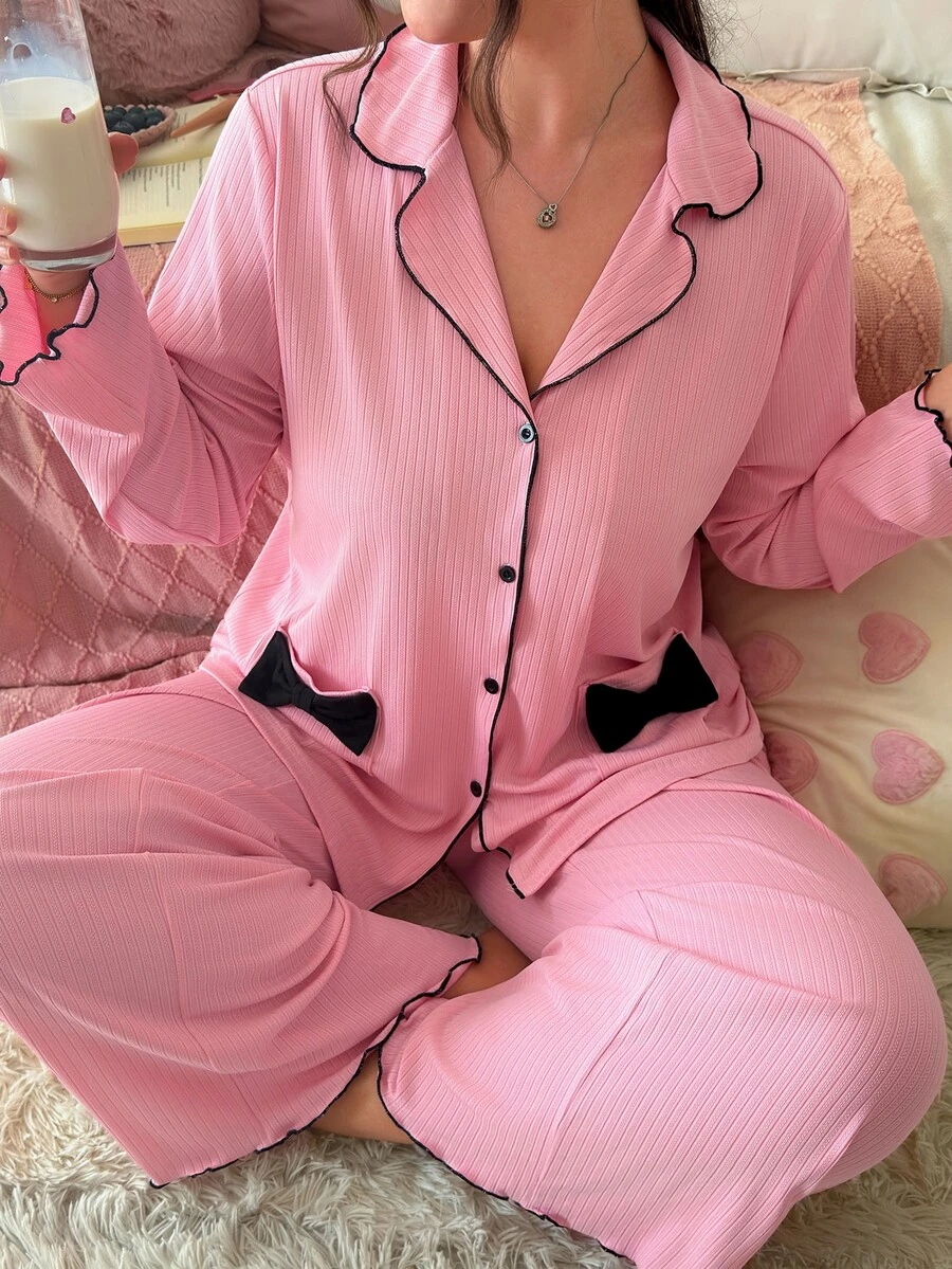 Slumberry CURVE Sweet Romantic Contrast Color Bow Trim Pocket Pink Knit Plus Size Pajama Set - Pink - View 1