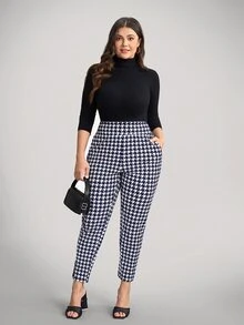 Comfylo 大尺碼休閒千鳥格圖案側口袋緊身褲 - 藏蓝色 - 查看 5
