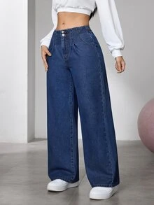 Flexra Women's Loose Wide Leg Jeans, Deep Blue Washed, Double Button Front Waist With Pleats, Elastic Back Waist, Comfortable Non-Binding, Hip-Flattering Slimming, Versatile For Commute And Travel, Autumn/Winter - Dark Wash - View 5