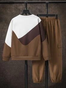 SHEIN 青少年男孩字母圖案拼色保暖內裡運動衫與工裝長褲套裝，適合秋季 - 咖啡棕 - 查看 3