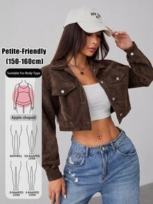 SHEIN PETITE 秋季女裝落肩翻蓋設計短版燈芯絨黑色夾克，適合嬌小女款，返校、上班、旅行、日常穿著、街頭休閒風 - 咖啡棕 - 查看 11