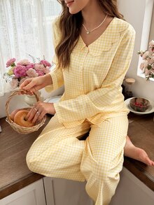 Snug Reverie French Fresh Yellow & White Plaid Lace Peter Pan Collar Long Sleeve Pajama Set - Yellow - View 1