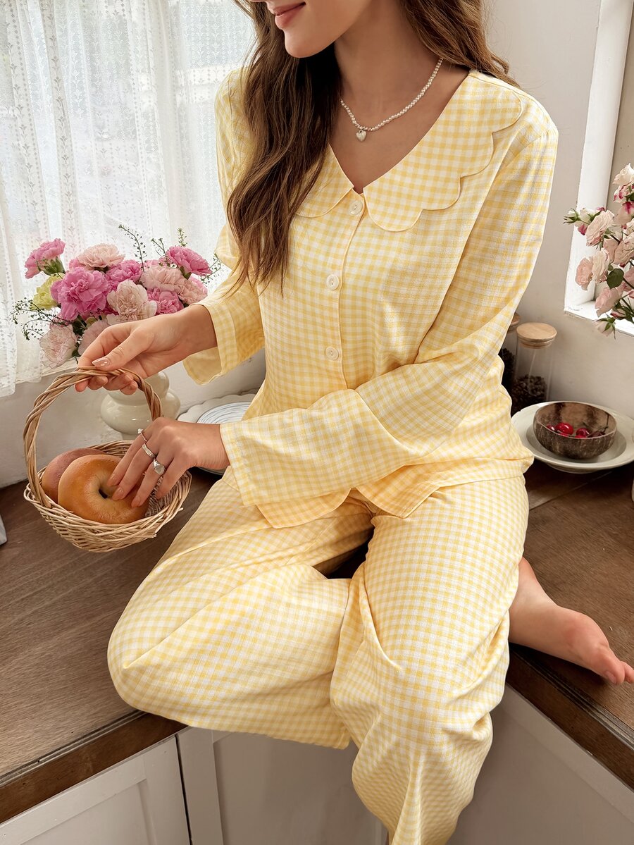 Snug Reverie French Fresh Yellow & White Plaid Lace Peter Pan Collar Long Sleeve Pajama Set - Yellow - View 1