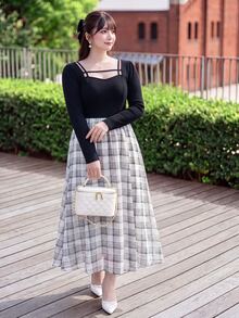 Bijouette Plus Size Cut Out Sweetheart Neck Rib Knit Plaid 2 In 1 Midi Dress,Afternoon Tea,Girls' Gathering,Cafe Ladylike,Brunch - Black - View 1