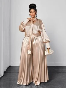 Maweii Plus Size Women's Elegant Satin V-Neck Tie Neck Solid Color Party Formal Pleated Wide Leg Pants 2 Pieces Set Fall New Year Christmas Champagne - Apricot - View 5
