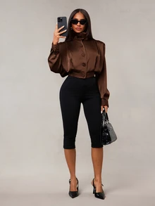 Radiana Sexy Elegant Fashion Dark Brown Satin Cropped Jacket Dinner Night Out - Coffee Brown - View 4
