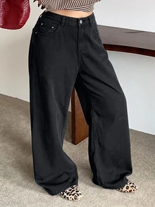 Dazy Plus Semi-Elastic Waist Solid Color Fashion Casual Straight Leg Long Plus Size Women's Jeans All Season - Black - View 4