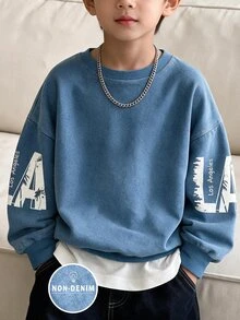 秋冬男童水洗丹寧印花藍色圓領衛衣，LA City 棕櫚樹圖案與 2 合 1 下擺設計，酷炫復古美式街頭風 - 彩色 - 查看 4