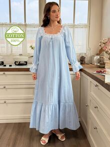 Snug Reverie Korean Style Spring/Autumn Long Sleeve Sweet Lace 100% Pure Cotton Jacquard Nightgown Loungewear - Baby Blue - View 3