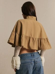 Poéselle Women's Camel Ruffle-Hem Cape Blouse – Stand-Collar Button-Front Cropped Poncho Top Winter Jacket Casual Blouses Y2k Going Out Tops Halloween Costume - Khaki - View 8
