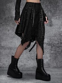 Cryptelle Rok Rajut Tekstur Gothic Hitam Wanita dengan Hem Asimetris dan Rumbai, Pakaian Halloween Musim Gugur/Dingin - Hitam - View 6