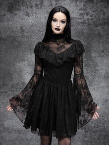Cryptelle Women's High Elastic Ruffle Trim Lace Mesh Bell Sleeve Short Mini Dress Autumn/Winter Black Gothic Style Halloween Outfit Costume Party Night - Black - View 1