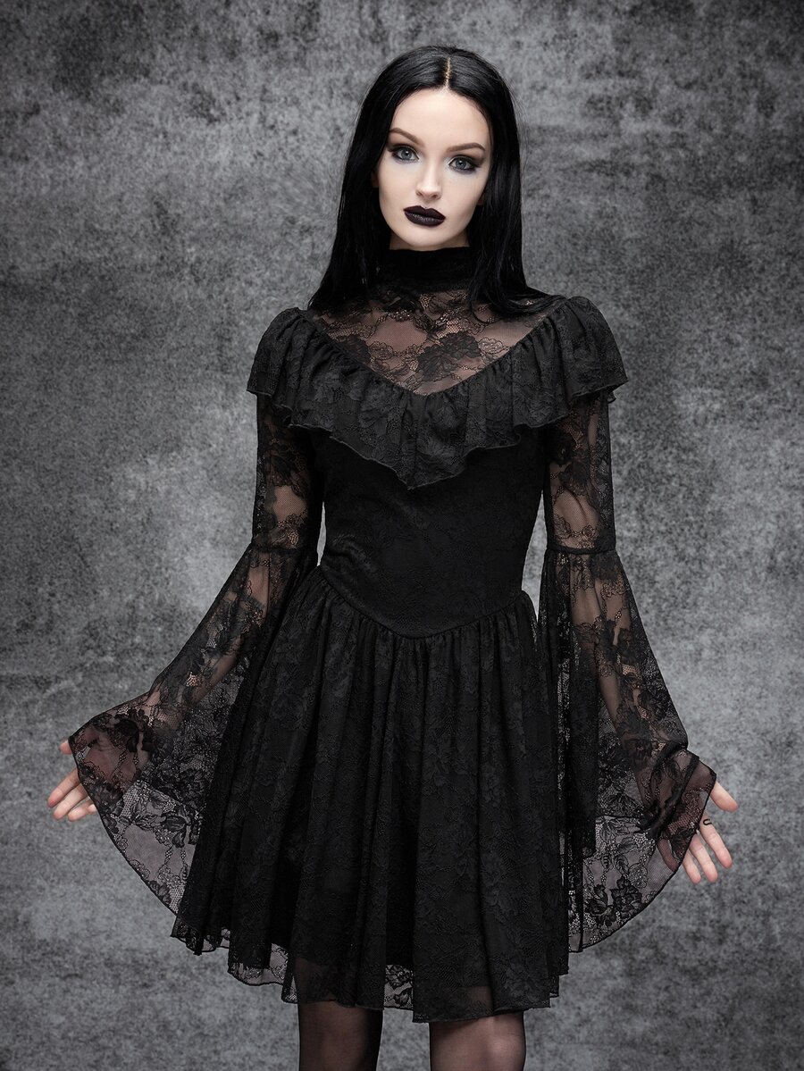 Cryptelle Women's High Elastic Ruffle Trim Lace Mesh Bell Sleeve Short Mini Dress Autumn/Winter Black Gothic Style Halloween Outfit Costume Party Night - Black - View 1
