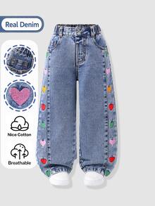 SHEIN Elladie kids Young Sweet Girls' Colorful Heart Patch Embroidered Jeans, Side Detail Elastic Waist Long Pants - Light Wash - View 3