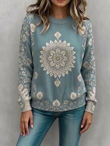 SHEIN LUNE Vintage Mandala Print Round Neck Sweater Women, Gray Blue Loose Drop Shoulder Pullover Knit Plus Size Top - Blue - View 5