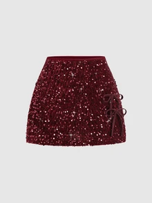 Sweetra Women's Fashionable Two-Tone Sequin Embellished Elegant Skirt - Burgundy - View 1