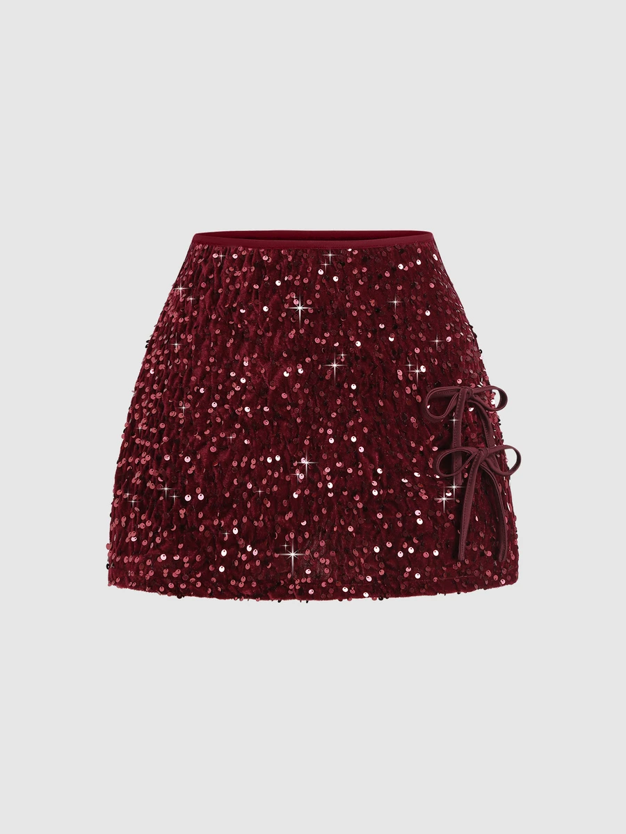 Sweetra Women's Fashionable Two-Tone Sequin Embellished Elegant Skirt - Burgundy - View 1