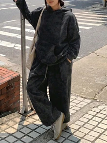 Dazy Plus Hooded Girl Casual Korean Style Thermal Lined Loose Sweatshirt And Sweatpants 2 Pieces Set - Dark Grey - View 7