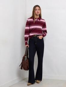 Nöista Knitted Casual Polo Collar Striped Shirt - Burgundy - View 6