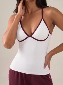 SHEIN BAE ملابس علوية رياضي نسائي متعدد الاستخدامات مخطط بألوان متباينة بدون أكمام - أبيض - مشاهدة 3