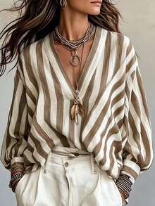 Women's Autumn/Winter New Hot-Selling Wide Stripe Print Pattern Casual Versatile Shirt - Multicolor - View 1