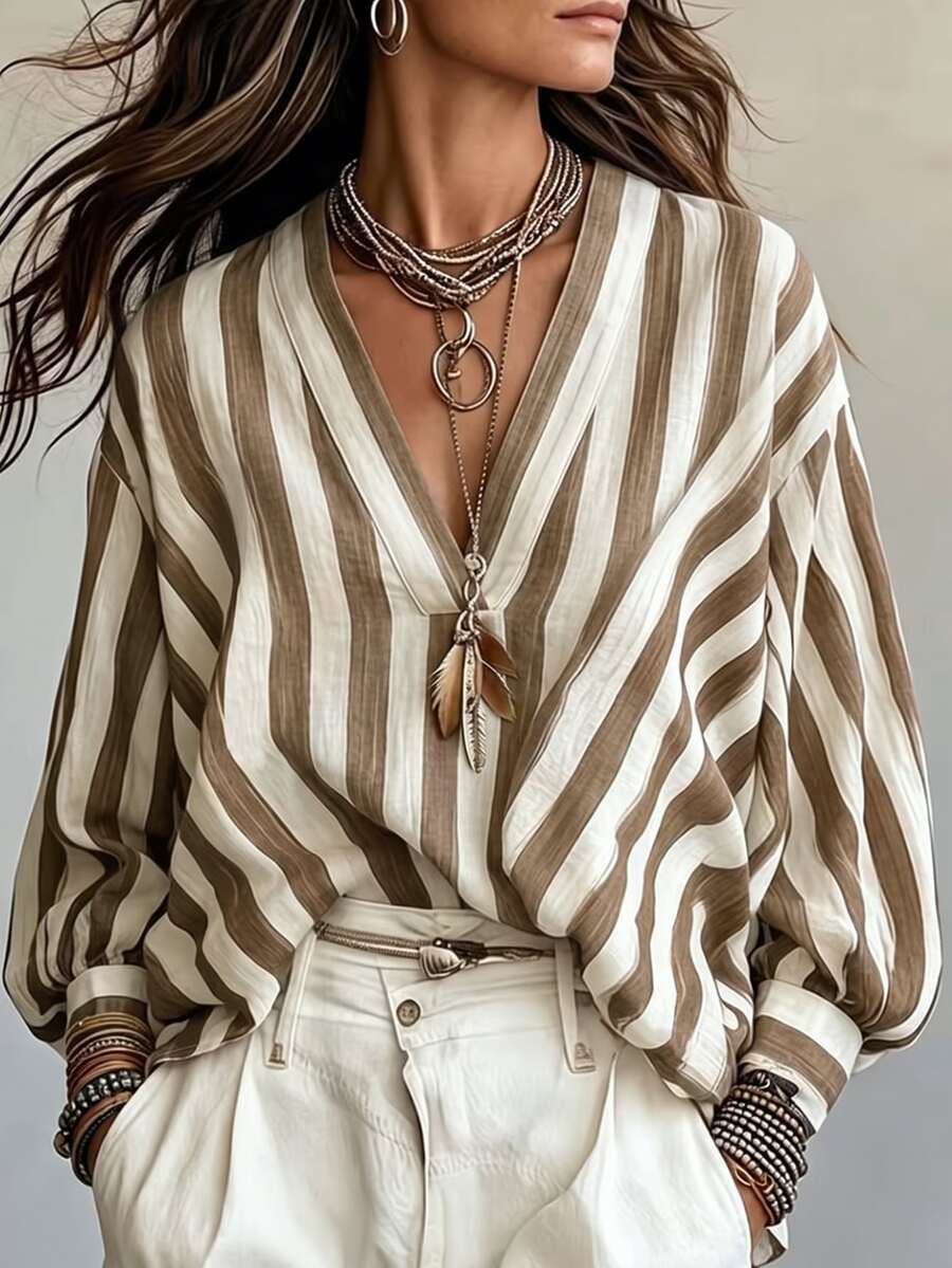 Women's Autumn/Winter New Hot-Selling Wide Stripe Print Pattern Casual Versatile Shirt - Multicolor - View 1
