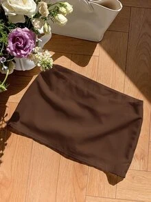 SHEIN 少女休閒日常短褲白色時尚裙，適合夏季，輕量材質 - 咖啡棕 - 查看 2