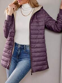 Aveloria Modichic 女款純色長袖拉鍊連帽抓絨休閒加厚棉服外套，冬季保暖衣物 - 紫色 - 查看 4