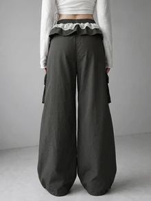 FRIFUL Women's Lace Patchwork Casual Cute Versatile Daily Wear Long Pants Everyday Going Out Dark Grey Fall - Grey - View 2