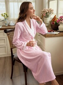 Snug Reverie رداء نسائي بطبعة مخططة وأكمام طويلة، بأسلوب منعش، مزين بحافة دانتيل زهرية، مناسب لجميع الفصول، ملابس منزلية مريحة - وردي فاتح - مشاهدة 3
