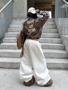 Coolane 女款秋冬街頭風休閒外出基本日常穿著 刷毛保暖紋理白色寬鬆直筒滑雪褲 - 白色 - 查看 7