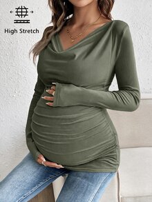 SHEIN 孕婦純色長袖休閒修身上衣，適合日常穿著，秋季款 - 軍綠色 - 查看 4