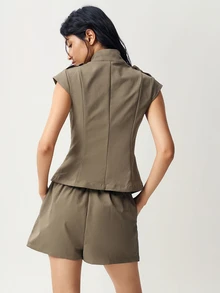 Bohemela Women's Double-Breasted Zipper Top And Shorts Casual Daily 2 Pieces Set - Army Green - View 7