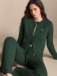 BizChic Women's Embroidered Button Sweater And Drawstring Waist Knit Pants 2 Pieces Set - Dark Green - View 2