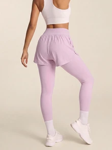 SHEIN BAE Women's Solid Color Pleated Casual Daily Travel Sports Tight Leggings - Baby Pink - View 2
