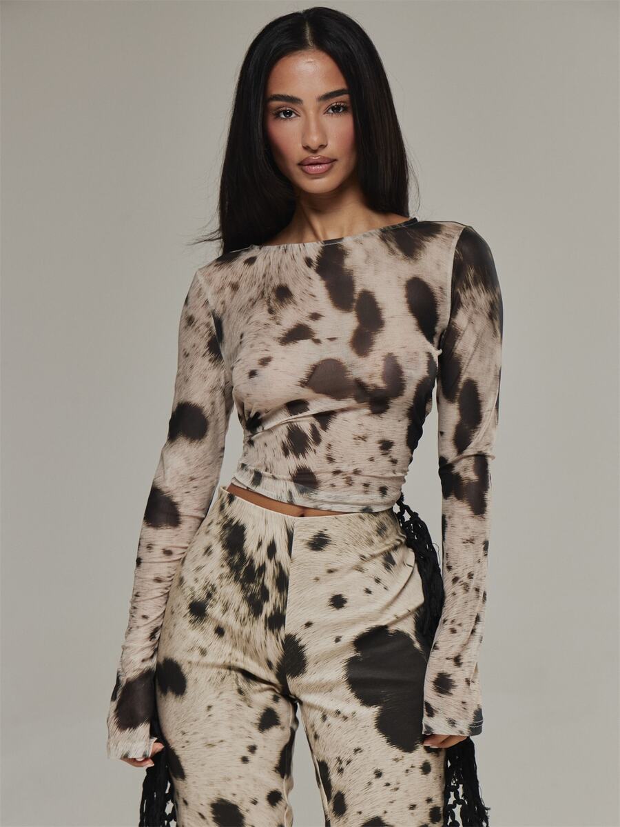 MUSERA Mesh Cow Print Long Sleeve Top Autumn Winter Fall Date Night Sexy Going Out - Multicolor - View 1