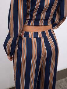 Nöista Women's Striped Single-Breasted Ruffle Blouse And Long Pants Casual Set - Lilac Purple - View 10