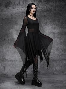 Cryptelle Women's Gothic Style Jacquard Mesh Flowy Batwing Sleeve Top Autumn/Winter Black Witch Halloween Party Outfit Costume - Black - View 3