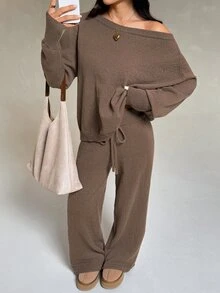 SHEIN PETITE طقم نسائي خريف/شتاء كنزة صوفية بأكمام طويلة وبنطال محبوك بخصر برباط بلون الجمل - قهوة بني - مشاهدة 1