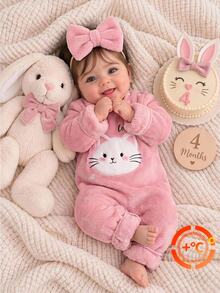 SHEIN Baby Girl Cute Plush Kitten Embroidery Pattern Long Sleeve Jumpsuit, Suitable For Autumn/Winter - Multicolor - View 6