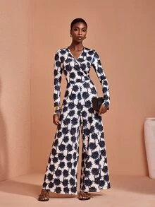 JIAN LASALA Knit Long Sleeve Overlapped V Neckline Jumpsuit Vacation Casual Holiday - Multicolor - View 1
