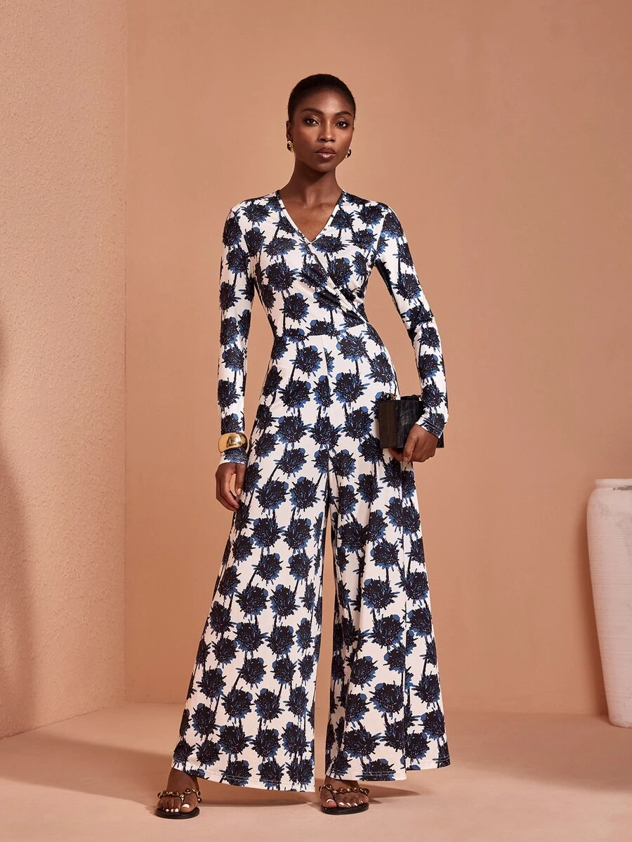 JIAN LASALA Knit Long Sleeve Overlapped V Neckline Jumpsuit Vacation Casual Holiday - Multicolor - View 1