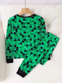 SHEIN 青少年男孩 1套發光足球與字母圖案薄棉睡衣套裝 - 綠色 - 查看 4