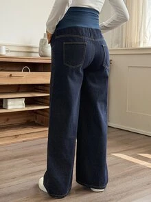 DAZY Maternity Adjustable Waistband Loose Fit Denim Jeans With Pockets - Blue - View 2